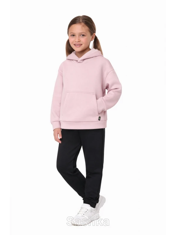 Трикотажний костюм на флісі пудровий з чорним штанами для дівчинки